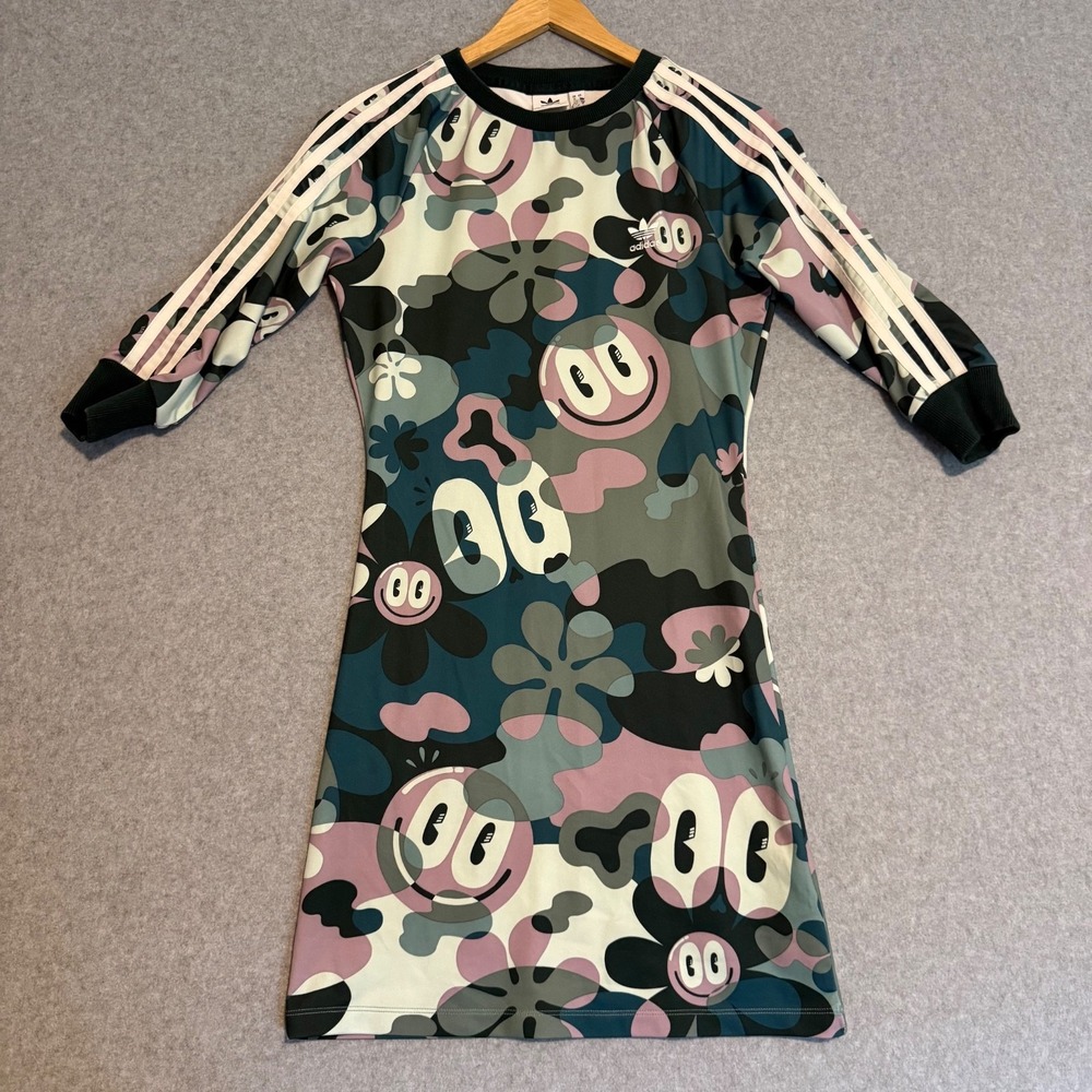 Adidas x Hattie Stewart 3 Stripe Logo Camo Daisy Smiley Face Sport Dress SIZE S